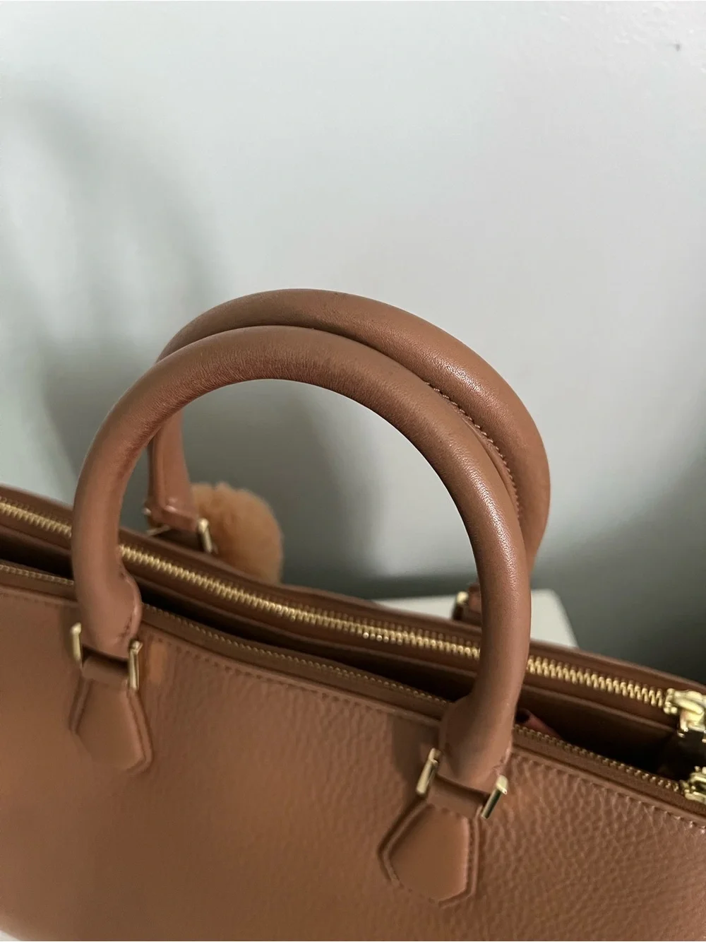 Tory Burch Tan Pebbled Leather Satchel with Wallet and Pom Charm